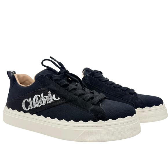 Chloe Lauren Low Top Canvas Embroidered Logo Sneakers Black Size 41 - Picture 1 of 8